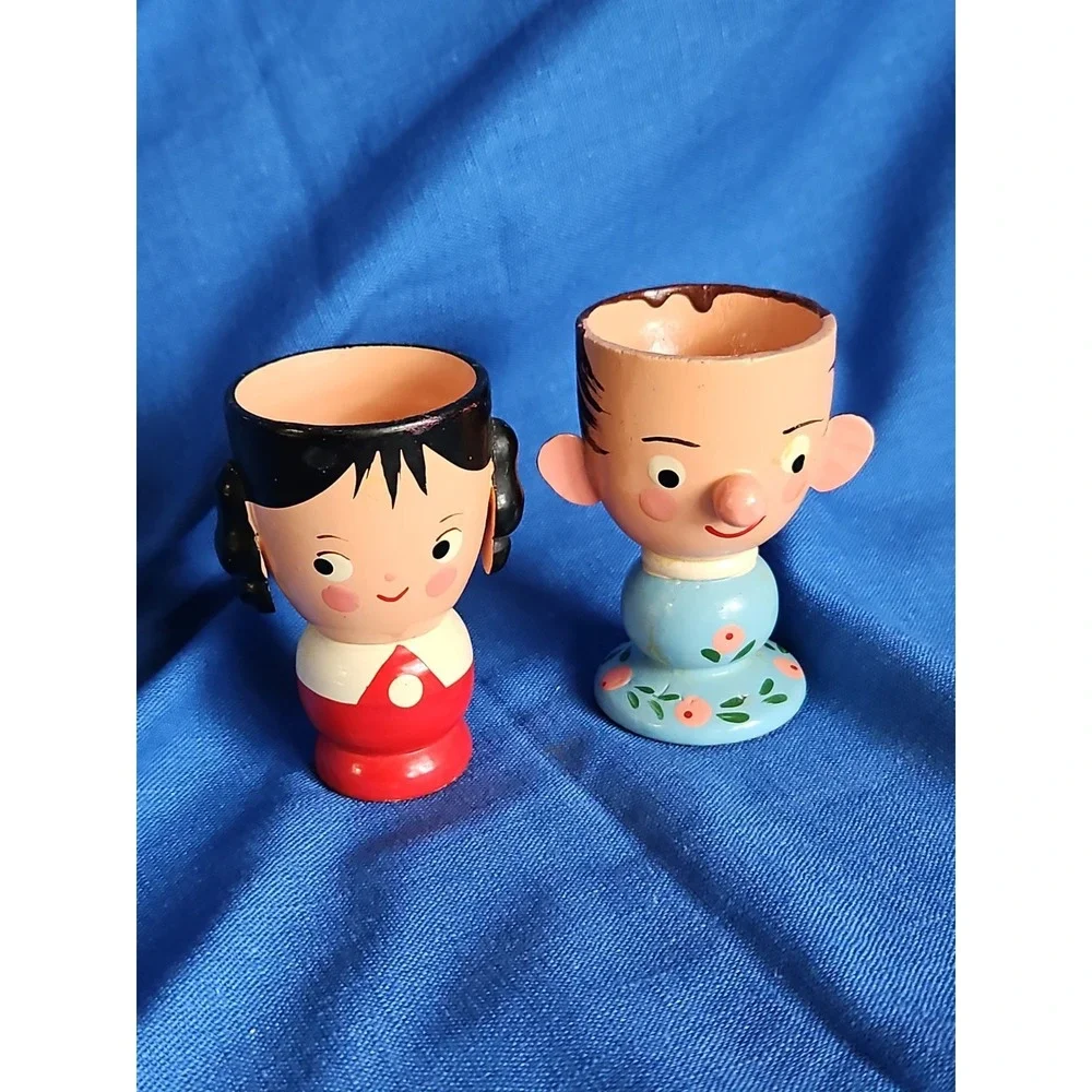 2‎ Wooden Egg Cups BOY GIRL Handmade Italy Sevi Vintage 1950s Hand Painted